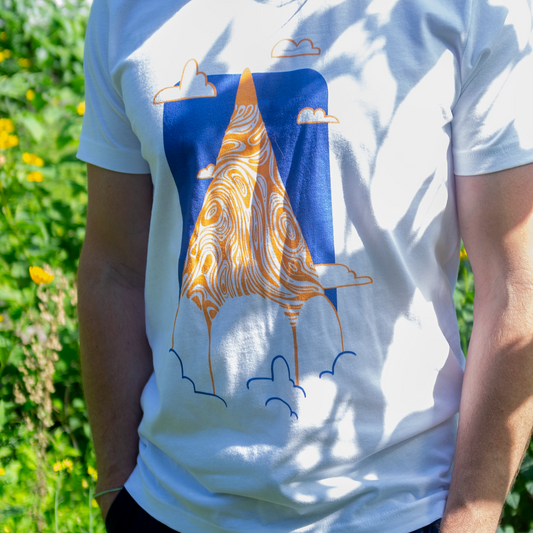 Pencil Mountain T-Shirt - Blue & Orange  – Soft Cotton Tee with Clouds