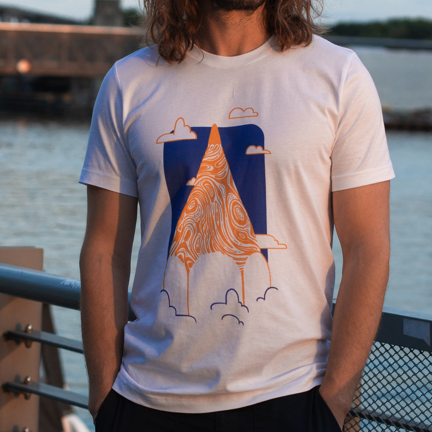 Pencil Mountain T-Shirt - Blue & Orange  – Soft Cotton Tee with Clouds