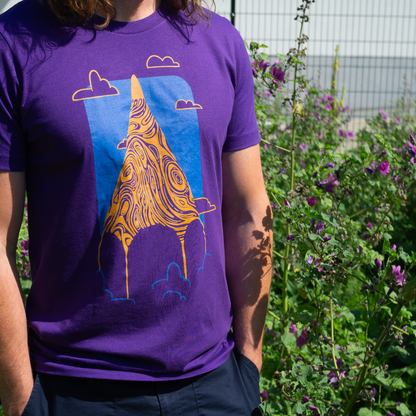 Pencil Mountain T-Shirt - Blue & Orange  – Soft Cotton Tee with Clouds