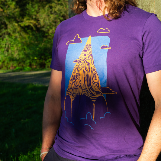 Pencil Mountain T-Shirt - Blue & Orange  – Soft Cotton Tee with Clouds